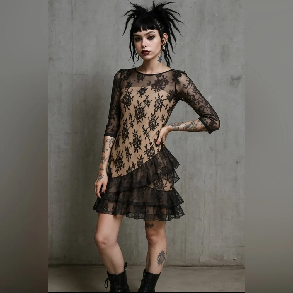 Victor Costa Black Lace Long Sleeve Tiered Mini Dress over Nude Slip - Picture 1 of 14